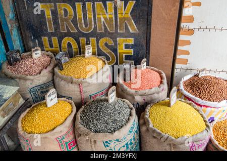 Moong Dhal, Urid Dhal and many more different types of lentils are available on the street market in Paharganj Stock Photo