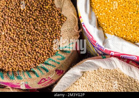 Moong Dhal, Urid Dhal and many more different types of lentils are available on the street market in Paharganj Stock Photo