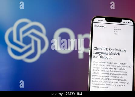 OpenAI logo on blue background. Chat gpt page on smartphone. Istanbul - Turkey 18.12.2022 Stock Photo