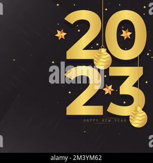 Happy New Year 2023 Design. 2023 gold text, hanging Christmas ball with stars on black background. New Year celebration. Greeting card, banner, poster Stock Vector