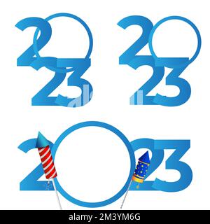 Set 2023 Happy New Year text designs. Big circle with fireworks rocket and blank space for design. Greeting card, concept of New Year's celebration. Stock Vector