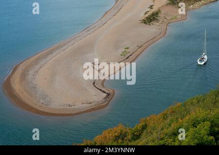 An aerial view of the River Axe Estuary near the town of Seaton, East Devon, UK Stock Photo