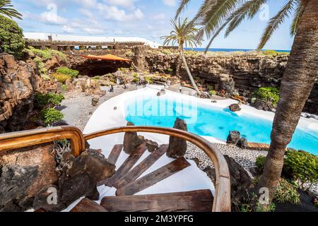 Amazing cave, pool, natural auditorium, salty lake designed by Cesar Manrique in volcanic tunnel called Jameos del Agua in Lanzarote, Canary Islands Stock Photo