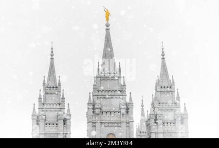 Salt lake temple in the snow Stock Photo