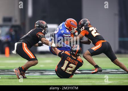 December 17, 2022: Florida Gators running back Montrell Johnson Jr. (2) is tackled by Oregon State Beavers linebacker Jack Colletto (12) during the first half of the SRS Distribution Las Vegas Bowl featuring the Florida Gators and the Oregon State Beavers at Allegiant Stadium in Las Vegas, NV. Christopher Trim/CSM. Stock Photo