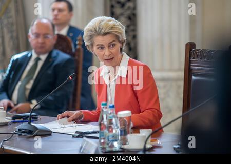 Bucharest, Romania - December 17, 2022: The President of the European Commission Ursula von der Leyen at the plenary session of the Agreement On Strat Stock Photo