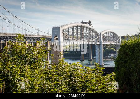 Royal Albert Bridge by Isambard Kingdom Brunel Over the River Tamar Viewing from Saltash Between Devon and Cornwall on a Summers Day. Stock Photo