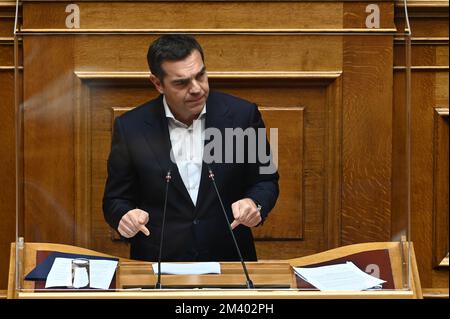 Athens, Greece. 17th Dec, 2022. Alexis Tsipras, President of Syriza, during his speech in Hellenic Parliament, Athens, Greece on December 17, 2022. (Photo by Dimitrios Karvountzis/Pacific Press/Sipa USA) Credit: Sipa USA/Alamy Live News Stock Photo