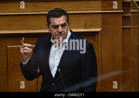 Athens, Greece. 17th Dec, 2022. Alexis Tsipras, President of Syriza, during his speech in Hellenic Parliament, Athens, Greece on December 17, 2022. (Photo by Dimitrios Karvountzis/Pacific Press/Sipa USA) Credit: Sipa USA/Alamy Live News Stock Photo