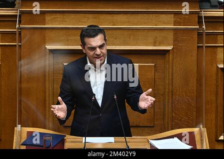 Athens, Greece. 17th Dec, 2022. Alexis Tsipras, President of Syriza, during his speech in Hellenic Parliament, Athens, Greece on December 17, 2022. (Photo by Dimitrios Karvountzis/Pacific Press/Sipa USA) Credit: Sipa USA/Alamy Live News Stock Photo