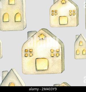 Pattern. Ceramic houses lanterns. Watercolor illustration interior of living room. Clipart. Home decor elements on a white background. Stock Photo