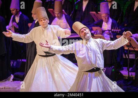 Istanbul, Turkiye. December 17, 2022: International Commemoration Ceremonies are held for the 749th Vuslat Anniversary of Hazrat Mevlana on December 17, 2022 in Istanbul, Turkiye. Salih Bilgin was the artistic director of the Mevlevi Ritual, performed at the Cemal Resit Rey Concert Hall and performed by the Hezarfen Art Group. Mevlana Celaleddin Rumi, the universal symbol of tolerance and peace, is an Islamic scholar, thinker, poet, sufi and mystic who lived in the 13th century and is celebrated worldwide. (Credit Image: © Tolga Ildun/ZUMA Press Wire) Credit: ZUMA Press, Inc./Alamy Live News Stock Photo