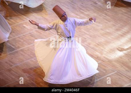 Istanbul, Turkiye. December 17, 2022: International Commemoration Ceremonies are held for the 749th Vuslat Anniversary of Hazrat Mevlana on December 17, 2022 in Istanbul, Turkiye. Salih Bilgin was the artistic director of the Mevlevi Ritual, performed at the Cemal Resit Rey Concert Hall and performed by the Hezarfen Art Group. Mevlana Celaleddin Rumi, the universal symbol of tolerance and peace, is an Islamic scholar, thinker, poet, sufi and mystic who lived in the 13th century and is celebrated worldwide. (Credit Image: © Tolga Ildun/ZUMA Press Wire) Credit: ZUMA Press, Inc./Alamy Live News Stock Photo