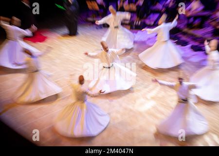 Istanbul, Turkiye. December 17, 2022: International Commemoration Ceremonies are held for the 749th Vuslat Anniversary of Hazrat Mevlana on December 17, 2022 in Istanbul, Turkiye. Salih Bilgin was the artistic director of the Mevlevi Ritual, performed at the Cemal Resit Rey Concert Hall and performed by the Hezarfen Art Group. Mevlana Celaleddin Rumi, the universal symbol of tolerance and peace, is an Islamic scholar, thinker, poet, sufi and mystic who lived in the 13th century and is celebrated worldwide. (Credit Image: © Tolga Ildun/ZUMA Press Wire) Credit: ZUMA Press, Inc./Alamy Live News Stock Photo