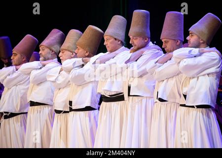 Istanbul, Turkiye. December 17, 2022: International Commemoration Ceremonies are held for the 749th Vuslat Anniversary of Hazrat Mevlana on December 17, 2022 in Istanbul, Turkiye. Salih Bilgin was the artistic director of the Mevlevi Ritual, performed at the Cemal Resit Rey Concert Hall and performed by the Hezarfen Art Group. Mevlana Celaleddin Rumi, the universal symbol of tolerance and peace, is an Islamic scholar, thinker, poet, sufi and mystic who lived in the 13th century and is celebrated worldwide. (Credit Image: © Tolga Ildun/ZUMA Press Wire) Credit: ZUMA Press, Inc./Alamy Live News Stock Photo