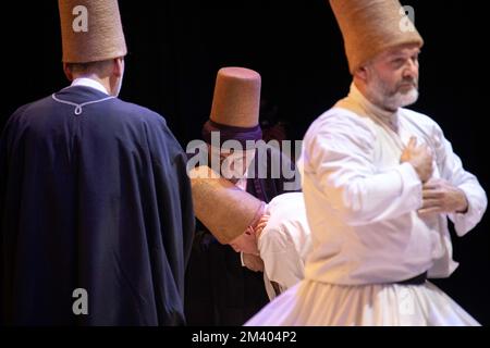 Istanbul, Turkiye. December 17, 2022: International Commemoration Ceremonies are held for the 749th Vuslat Anniversary of Hazrat Mevlana on December 17, 2022 in Istanbul, Turkiye. Salih Bilgin was the artistic director of the Mevlevi Ritual, performed at the Cemal Resit Rey Concert Hall and performed by the Hezarfen Art Group. Mevlana Celaleddin Rumi, the universal symbol of tolerance and peace, is an Islamic scholar, thinker, poet, sufi and mystic who lived in the 13th century and is celebrated worldwide. (Credit Image: © Tolga Ildun/ZUMA Press Wire) Credit: ZUMA Press, Inc./Alamy Live News Stock Photo