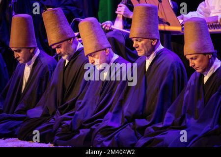 Istanbul, Turkiye. December 17, 2022: International Commemoration Ceremonies are held for the 749th Vuslat Anniversary of Hazrat Mevlana on December 17, 2022 in Istanbul, Turkiye. Salih Bilgin was the artistic director of the Mevlevi Ritual, performed at the Cemal Resit Rey Concert Hall and performed by the Hezarfen Art Group. Mevlana Celaleddin Rumi, the universal symbol of tolerance and peace, is an Islamic scholar, thinker, poet, sufi and mystic who lived in the 13th century and is celebrated worldwide. (Credit Image: © Tolga Ildun/ZUMA Press Wire) Credit: ZUMA Press, Inc./Alamy Live News Stock Photo