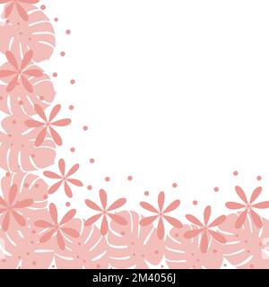 Corner frame with hand drawn elements such as flowers, exotic leaves monstera in trendy pale pink hues. Suitable for greeting cards, wedding invitations, posters, banners, flyers, congratulations Stock Vector