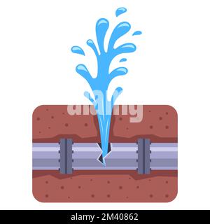 breakthrough of an iron pipe underground. fountain of water from a rusted pipe. flat vector illustration. Stock Vector