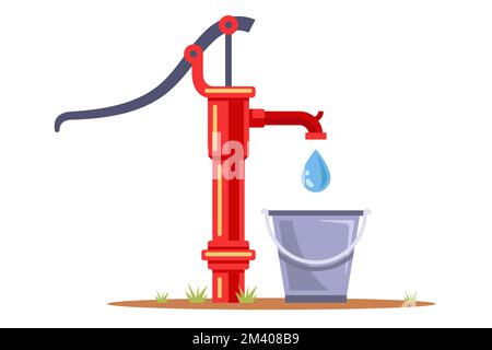 borehole pump pumps water into a bucket. collect drinking water. flat vector illustration. Stock Vector