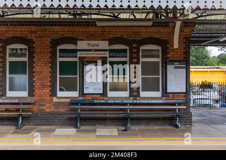 Truro Train Station with an Empty Platform and No Trains. Empty Benches. British Transportation Hub in Cornwall. Stock Photo