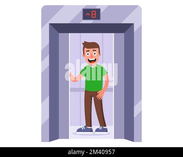 the elevator in the house lifts the person up. flat vector illustration. Stock Vector