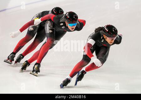 CALGARY, CANADA - DECEMBER 17: Carolina Hiller of Canada, Brooklyn McDougall of Canada and Ivanie Blondin of Canada competing on the Team Sprint Women Division A during the ISU Speed Skating World Cup 4 on December 17, 2022 in Calgary, Canada (Photo by Andre Weening/Orange Pictures) Stock Photo