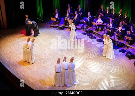 Istanbul, Turkiye. December 17, 2022: International Commemoration Ceremonies are held for the 749th Vuslat Anniversary of Hazrat Mevlana on December 17, 2022 in Istanbul, Turkiye. Salih Bilgin was the artistic director of the Mevlevi Ritual, performed at the Cemal Resit Rey Concert Hall and performed by the Hezarfen Art Group. Mevlana Celaleddin Rumi, the universal symbol of tolerance and peace, is an Islamic scholar, thinker, poet, sufi and mystic who lived in the 13th century and is celebrated worldwide. (Credit Image: © Tolga Ildun/ZUMA Press Wire) Credit: ZUMA Press, Inc./Alamy Live News Stock Photo