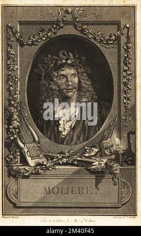 Oval portrait of Moliere, Jean-Baptiste Poquelin, French actor, poet and playwright, 1622-1673. Moliere in a laurel wreath, frame with festoons, lyre, darts, oil lamp, dramatic masks, fool's marotte, etc. Copperplate engraving by Louis-Jacques Cathelin after a portrait by Pierre Mignard, taken from the cabinet of Melinier, published as the frontispiece to Bret's Oeuvres de Moliere avec des remarques grammaticales, La compagnie des libraires associes, Paris, 1773. Stock Photo