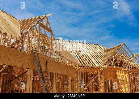 The framing beams of house in construction. Stock Photo