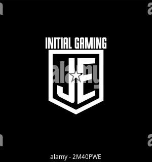 JE initial gaming logo with shield and star style design inspiration Stock Vector