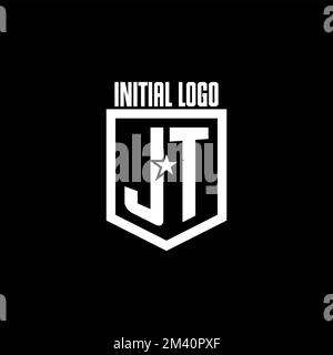 JT initial gaming logo with shield and star style design inspiration Stock Vector