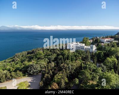 Aerial View of Livadia Palace - located on the shores of the Black Sea in the village of Livadia in the Yalta region of Crimea. Livadia Palace was a Stock Photo