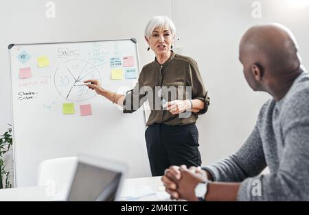 We need a steady increase in numbers from you. a mature businesswoman discussing ideas on a whiteboard with her colleagues at work. Stock Photo