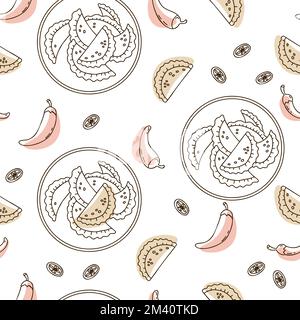 Seamless pattern with Mexican Empanadas on white background with chili peppers. Vector illustration latin american food in linear hand drawing doodle Stock Vector