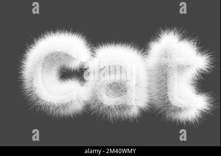 3D visualization. Lettering cat from white wool on a gray background ...