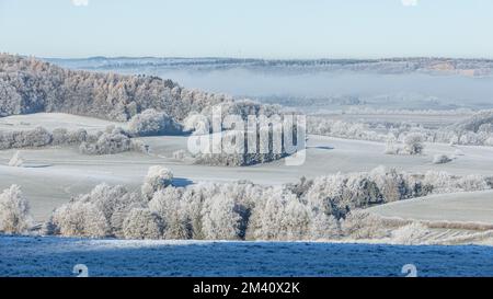 Winter Landscape: Hoarfrost on trees, fields and meadows in the low mountain range Eifel in Germany, Europe. Stock Photo