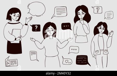Collection of different cute women. Thoughtful girl with bubble text cloud and online text messages. Vector illustration. Isolate linear hand drawn do Stock Vector