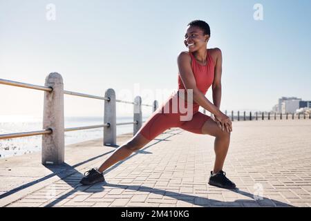 Black woman, running track and stretching in fitness workout