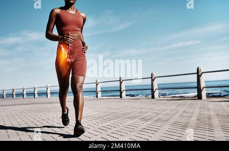 Running, x ray and body of an black woman training, fitness muscle and exercise for health on the promenade in Australia. Sports burn, strong and legs Stock Photo