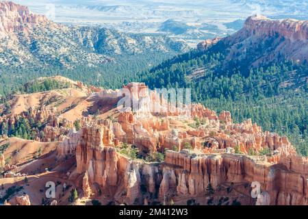 A bird's eye view of Limestone Spires surrounded by greenery in Bryce Canyon, Utah Stock Photo