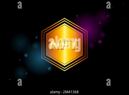A golden hexagon with NFT on the black background with Stock Vector