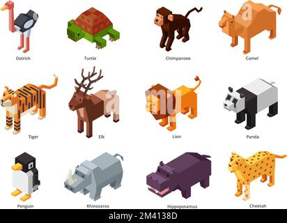 Isometric zoo animals. Low poly panda, penguin toy and tiger. Herbivores and predatory wild animal 3D cartoon vector set Stock Vector