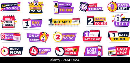 Countdown timer badges. Minutes clock, hours tag and days to go, time left and only this week banners with calendar icon vector set Stock Vector