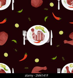 Seamless pattern with grilled chicken leg. Mexican food barbecue Achiote Chicken on black background with chili. Vector repeating background with lati Stock Vector
