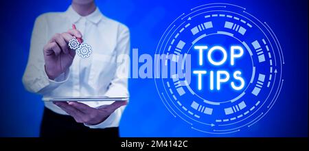 Text showing inspiration Top Tips. Concept meaning a small but particularly useful piece of practical advice Stock Photo