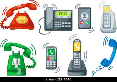 Ringing telephone. Old telephone ring with handset, incoming call on smartphone and office phone cartoon vector set Stock Vector