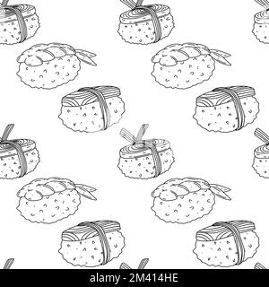 Sushi set seamless pattern. Vector illustration isolated on a white background. Asian food. Stock Vector