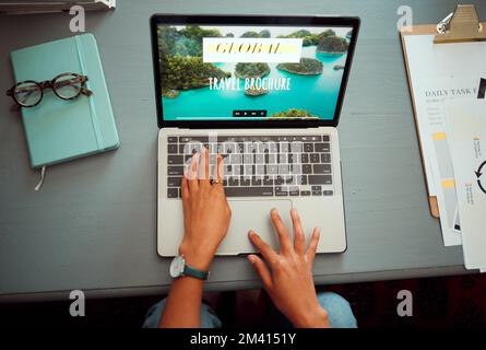 Laptop, hands and travel planning of woman online with international holiday trip screen top view. Vacation, adventure and journey organisation of Stock Photo