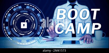 Text caption presenting Boot Camp. Business overview Military training camp for new recruits Harsh discipline Fitness Stock Photo